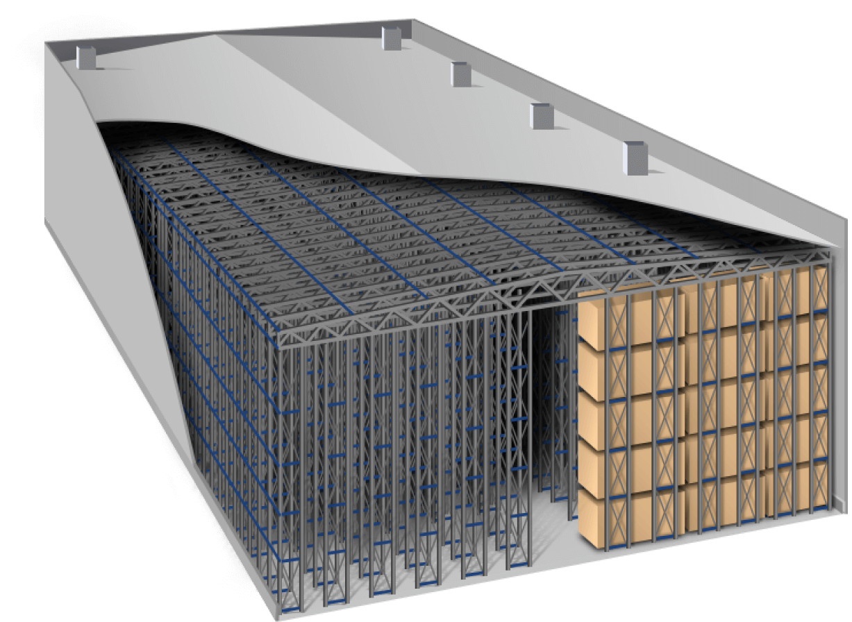 Самонесущий склад. Сборно разборные здания и сооружения. Самонесущие стеллажи. Самонесущий склад из стеллажей.