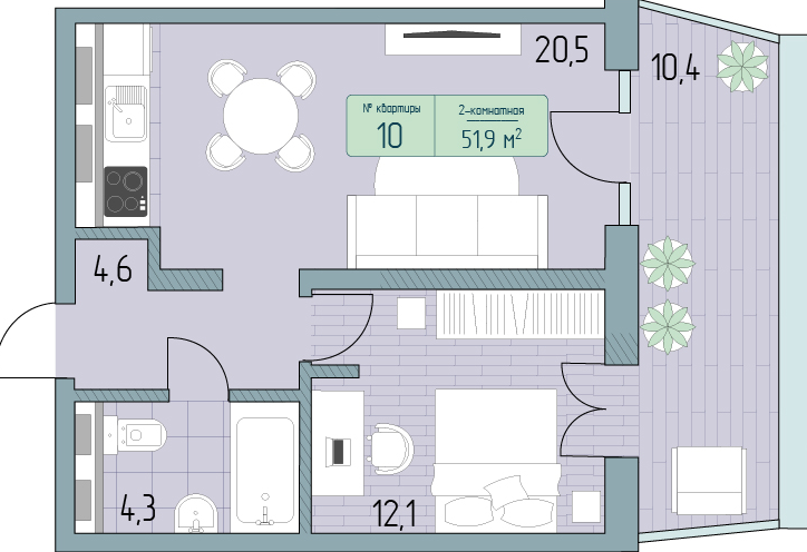 Планировка 2-комнатная 51,9 м²