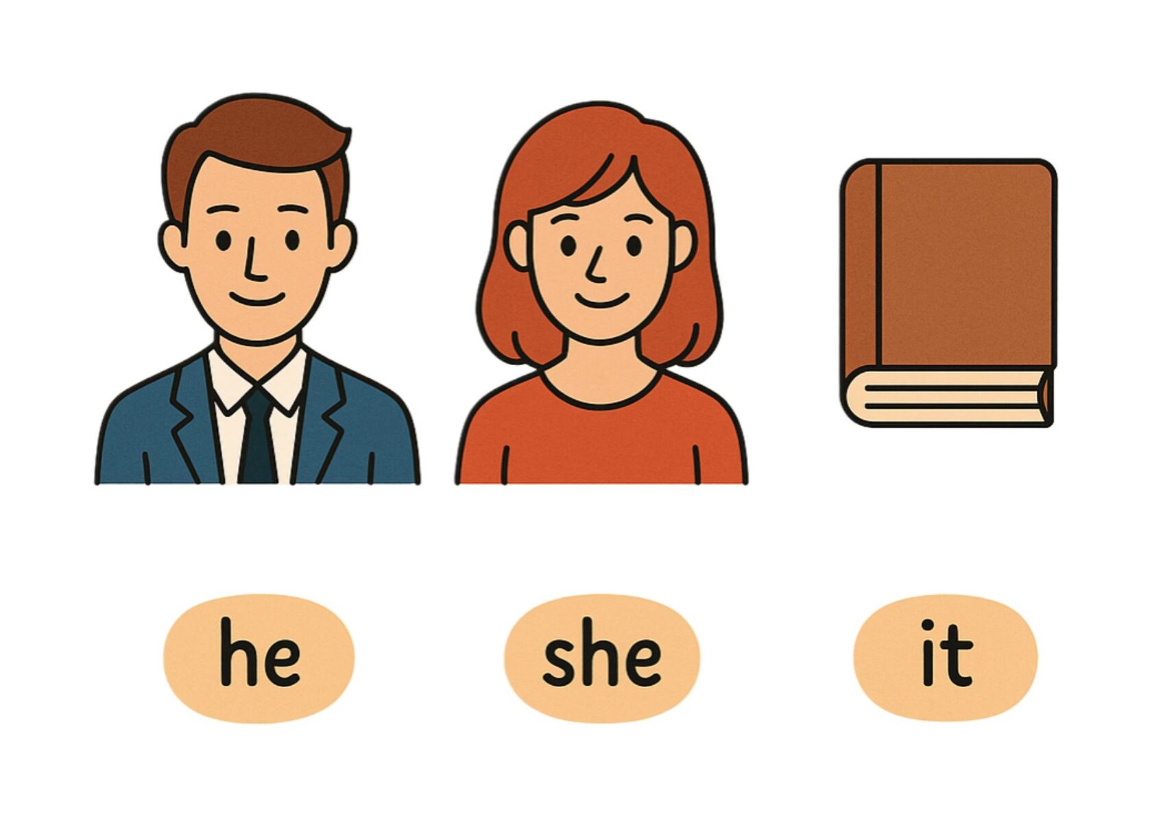 Иллюстрация: мужчина — he, женщина — she, предмет — it. Пример системы рода в английском языке.