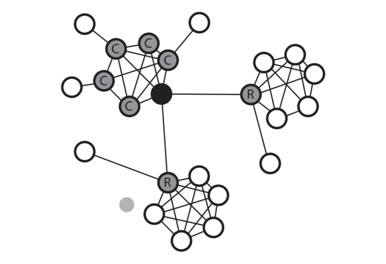 Близки друзья узла (C) и случайные друзья (R)
