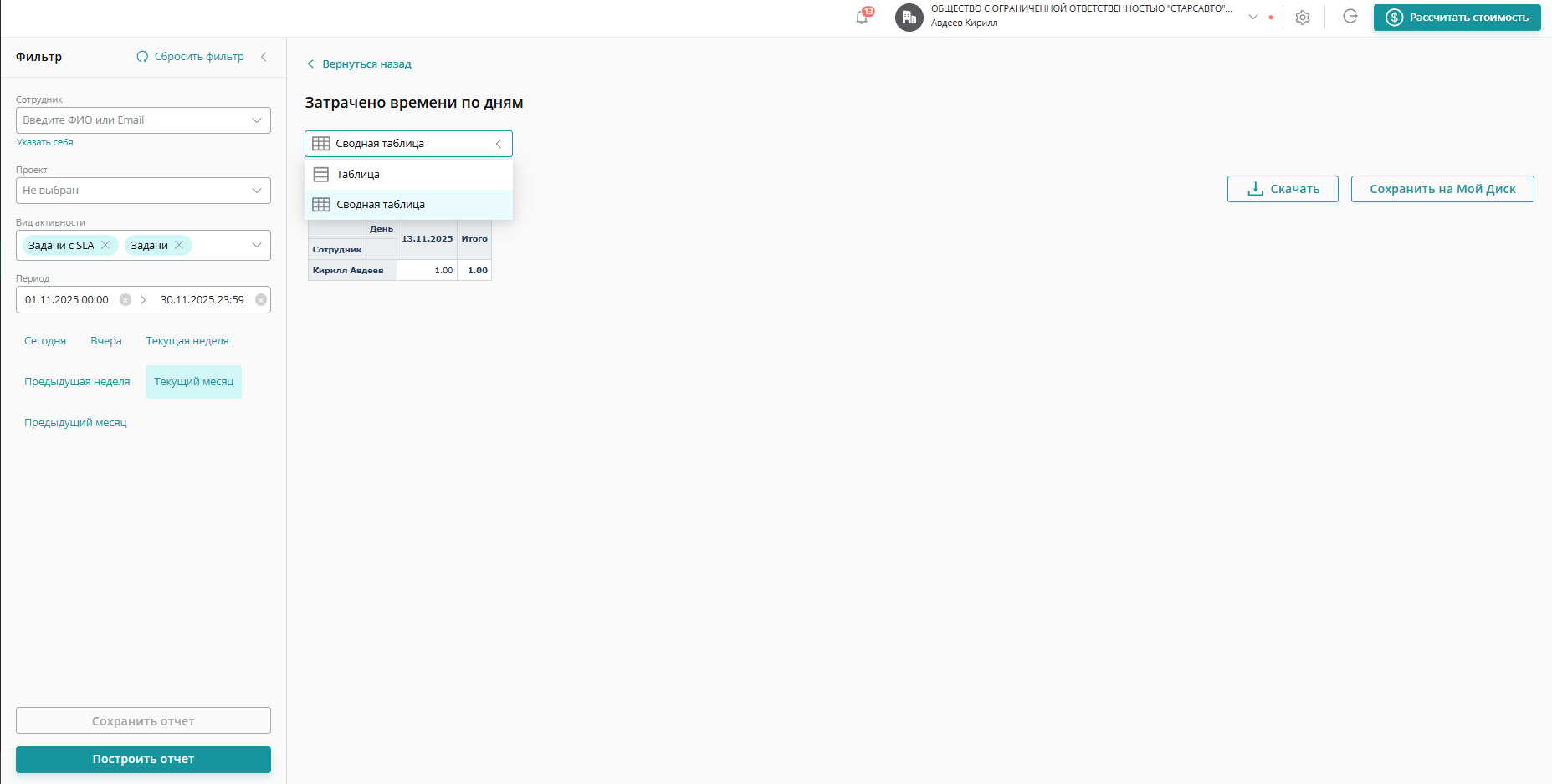 По умолчанию отчет отображается в виде сводной таблицы. Для изменения отображения нажмите на стрелку рядом с кнопкой «Сводная таблица» и выберите «Таблица»По умолчанию отчет отображается в виде сводной таблицы. Для изменения отображения нажмите на стрелку рядом с кнопкой «Сводная таблица» и выберите «Таблица»