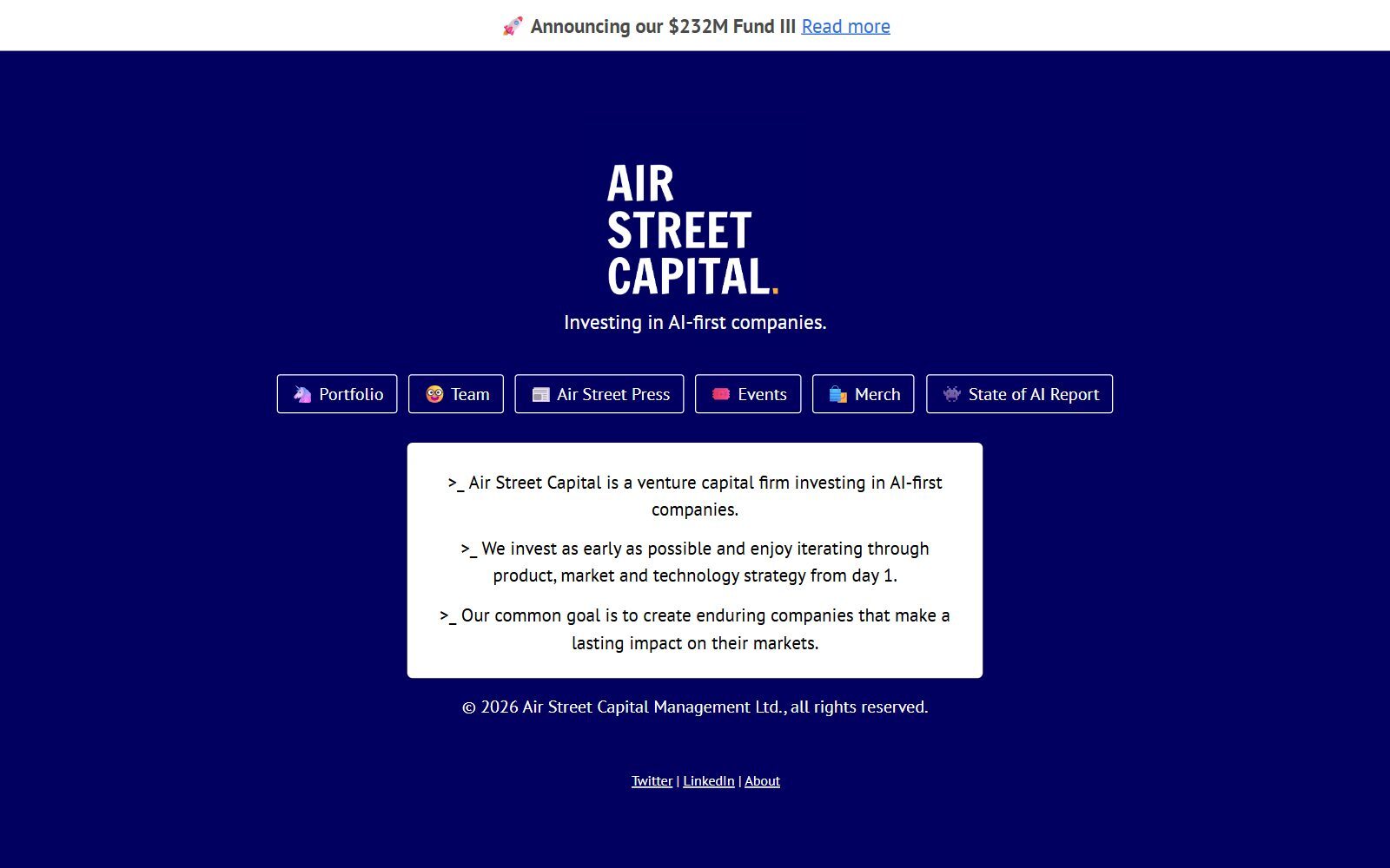 Air Street Capital homepage screenshot announcing its $232M Fund III (October 2026)