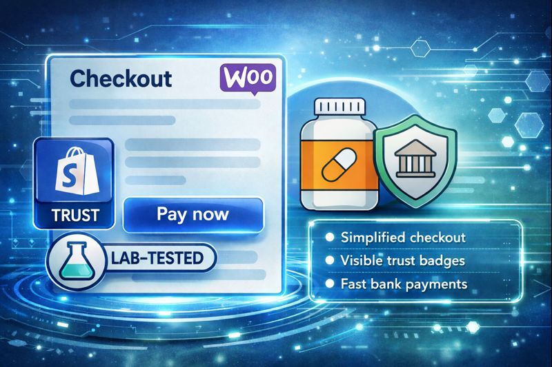 WooCommerce checkout for peptide stores showing research peptides vs peptide supplements, compliance signals, and secure pay-by-bank payments in the UK