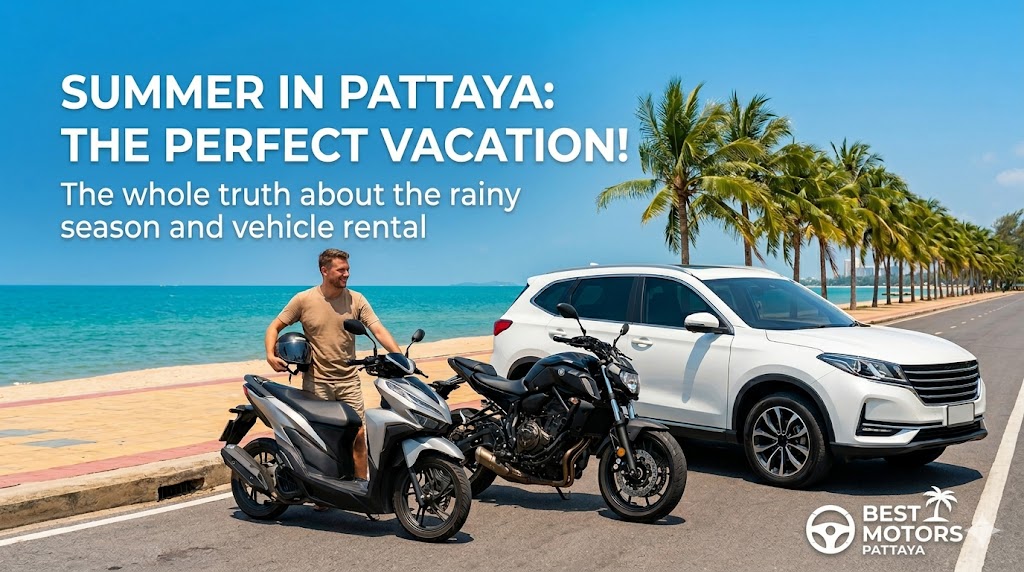 A modern white family SUV, a powerful black sport motorcycle, and a sleek silver scooter parked on a dry coastal road next to palm trees and a sunny beach, showcasing Best Motors rental fleet for summer vacation in Pattaya.