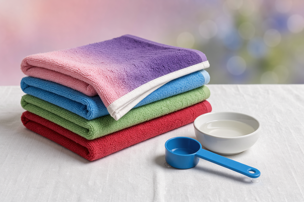 Stack of folded terry towels with a small bowl of white vinegar and measuring scoop nearby, on a clean linen surface