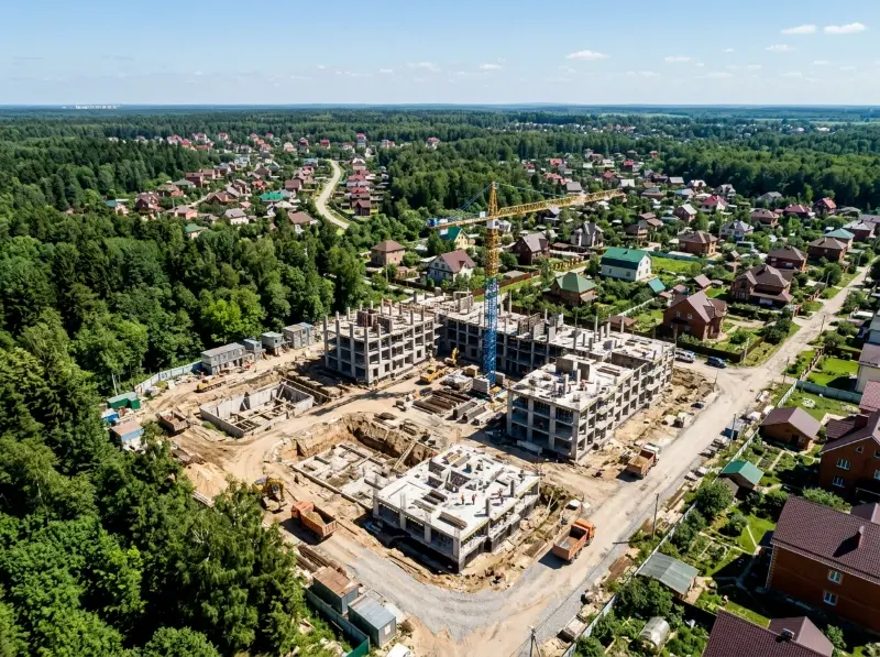 Строительная площадка малоэтажного жилого комплекса с высоты