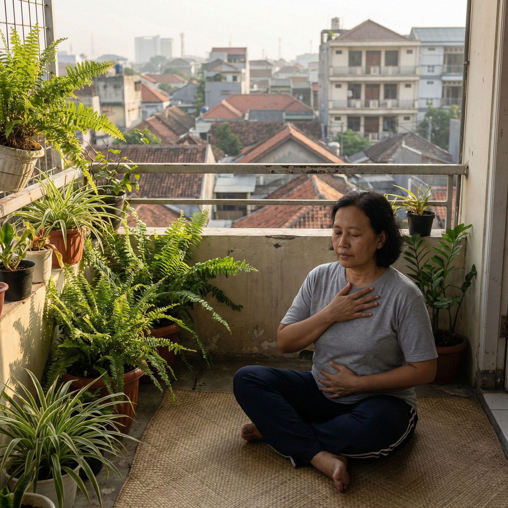 Perempuan duduk tenang di balkon rumah sambil latihan pernapasan untuk meredakan stres di pagi hari
