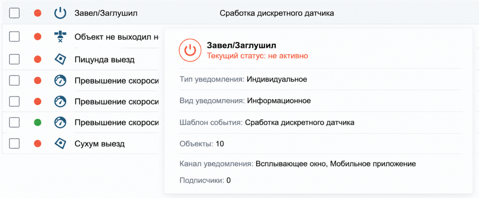 Настройка уведомления о работе зажигания с доставкой в окно системы и мобильное приложение