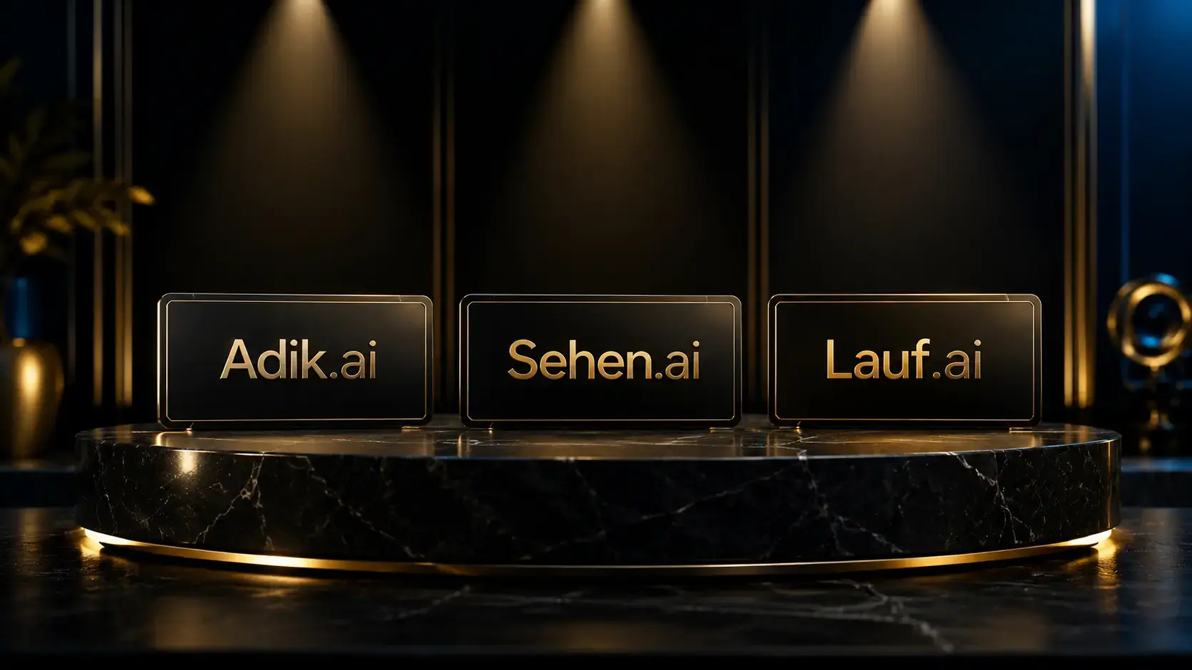 Premium brandable AI domains for sale on Ainame24: Adik.ai, Sehen.ai and Lauf.ai in a dark luxury showcase