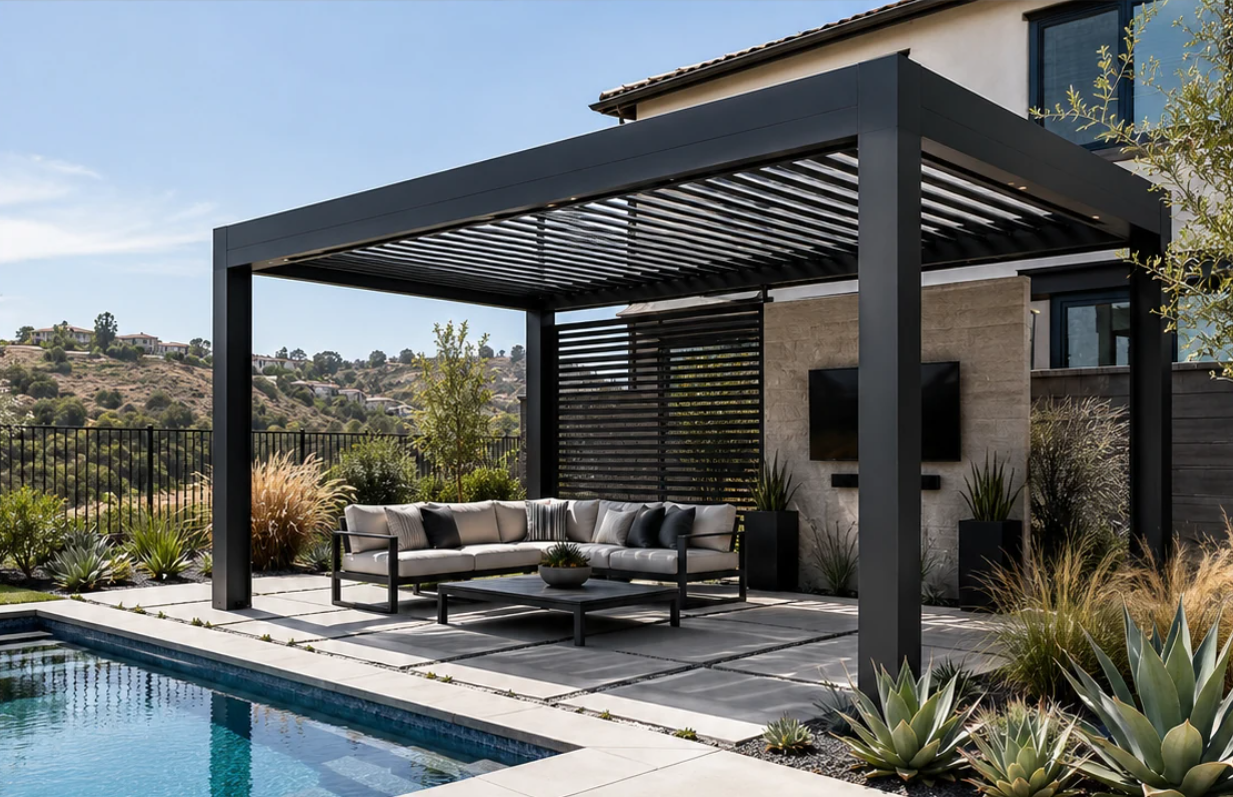 luxury black louvered pergola for poolside living in Portola Springs Irvine backyard
