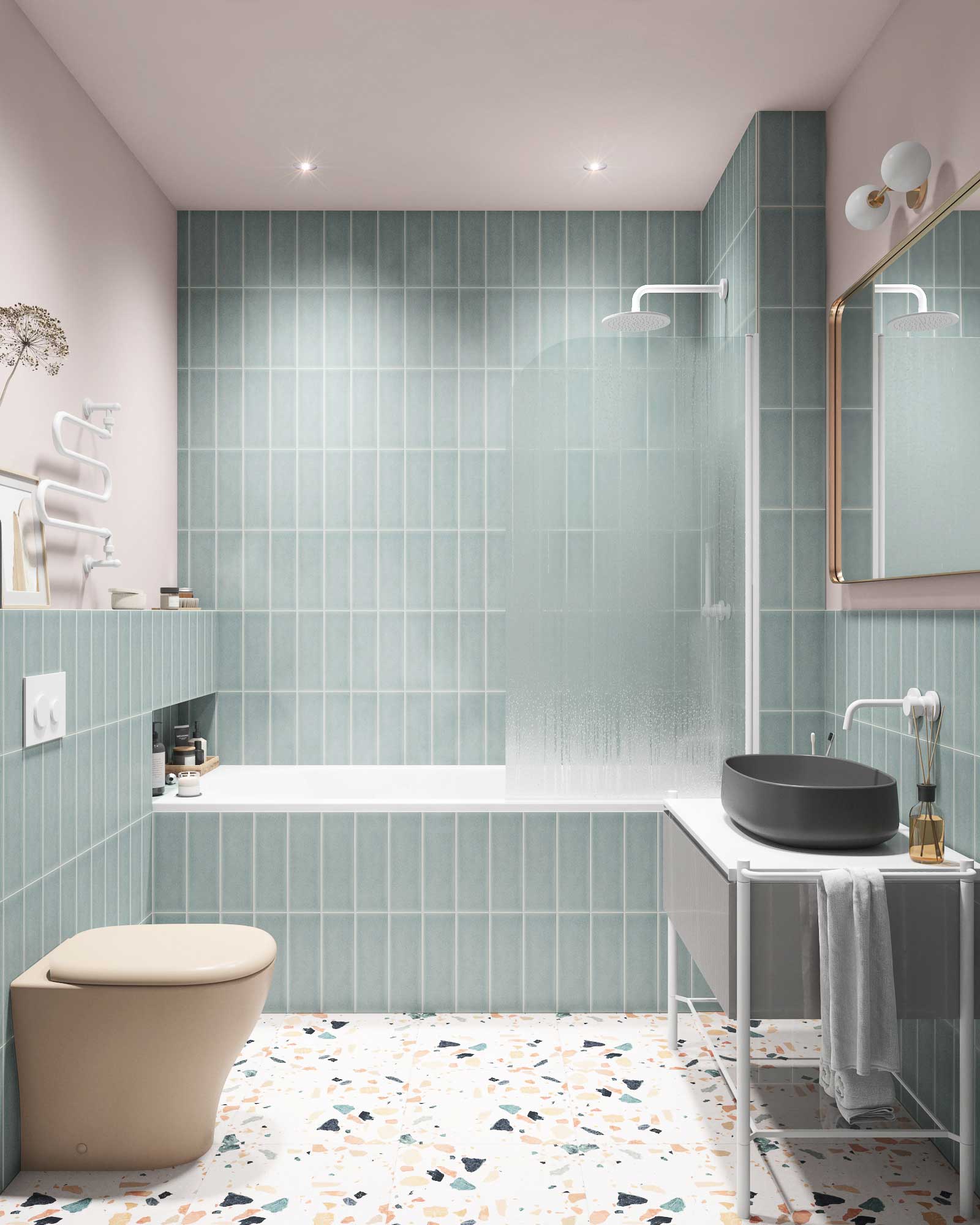 Ванная с голубой плиткой на стене, терраццо на полу. Приставной унитаз с бачком скрытого монтажа. Тумба под накладную раковину