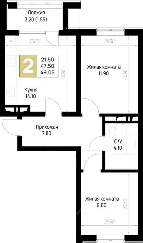 Планировка 2-комнатной квартиры 49.05 м²