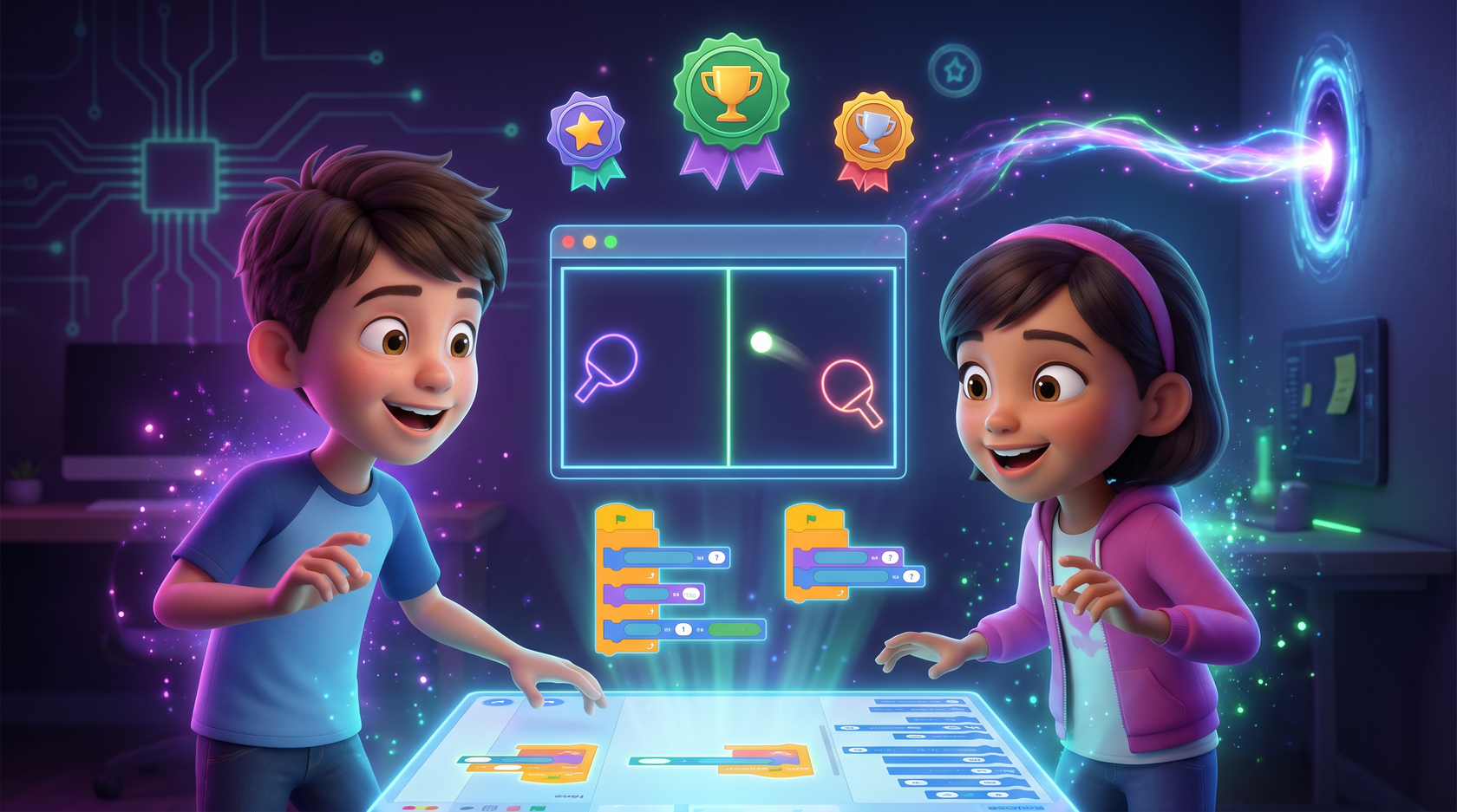 Ребенок за ноутбуком программирует игру пинг понг scratch
