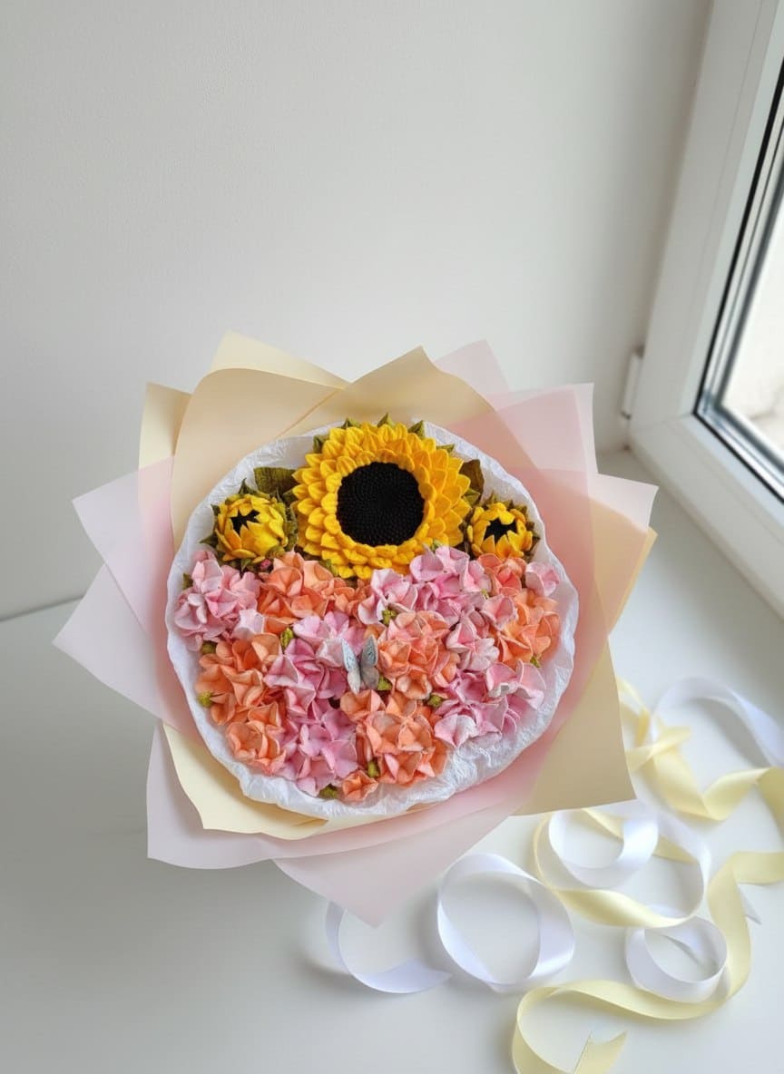 Букет с подсолнухами и гортензией из зефира большой 1