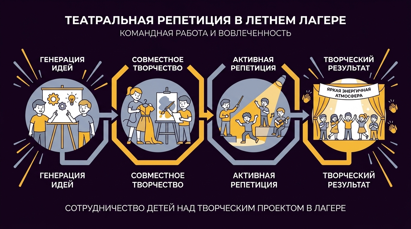 Дети на репетиции в творческом лагере - командная работа и вовлеченность