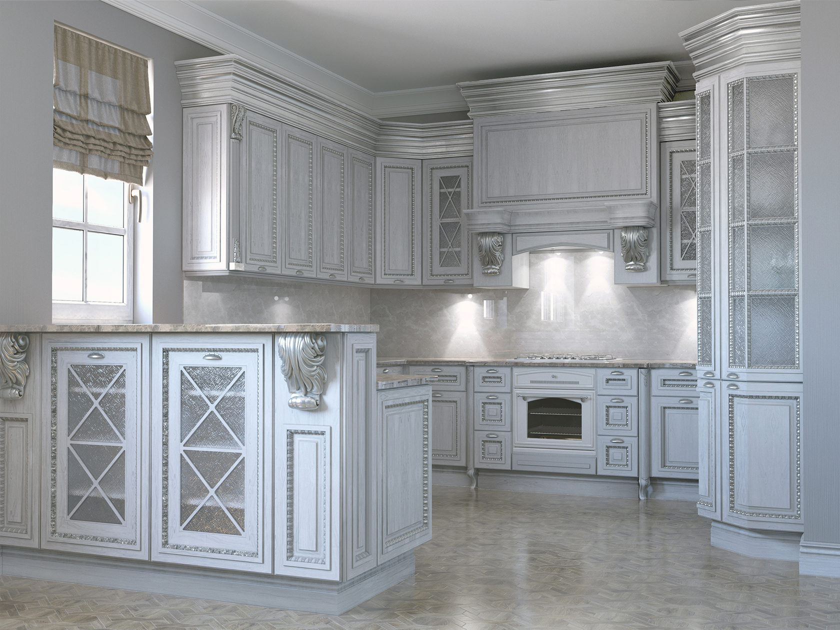 Белая кухня с резными фасадами