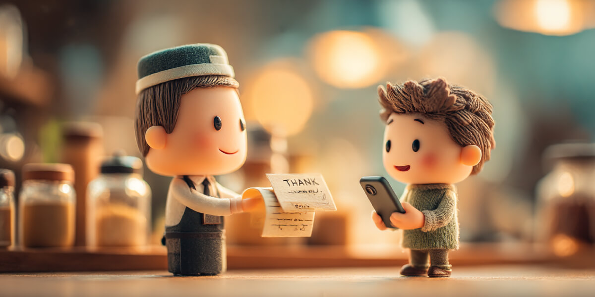 официант просит написать отзыв посетителя