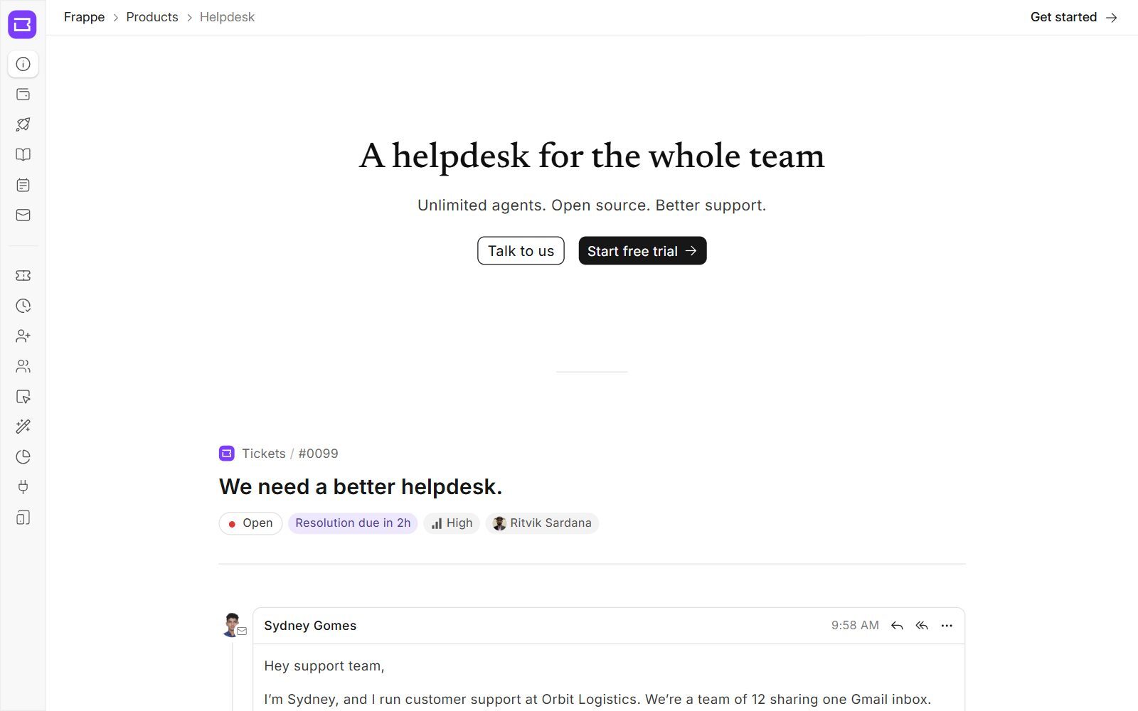 Frappe Helpdesk homepage screenshot (October 2026)