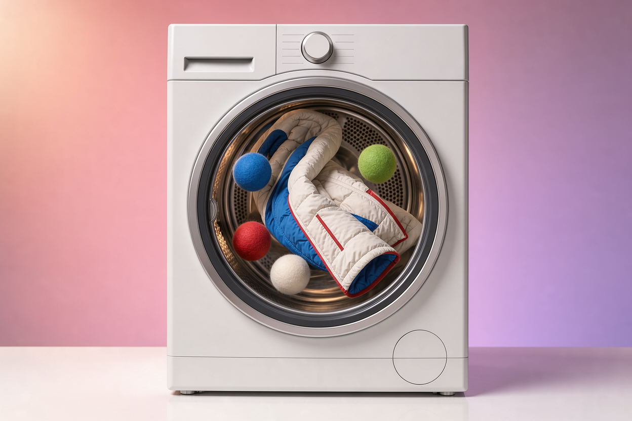 Dryer with a jacket and dryer balls tumbling inside, warm soft light showing fluffy loft restoration, no visible brands or labels