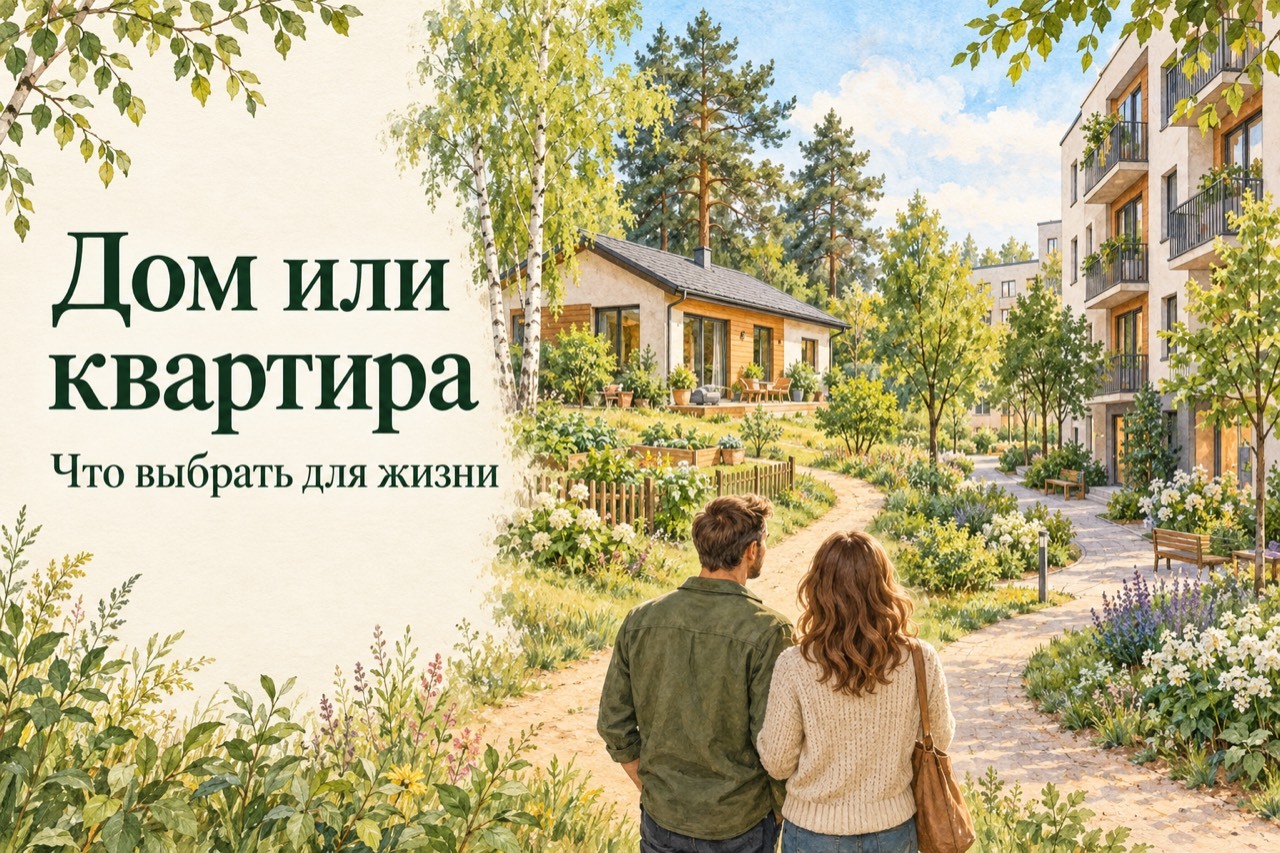 Акварельная иллюстрация: пара рассматривает загородный дом и городской жилой двор.