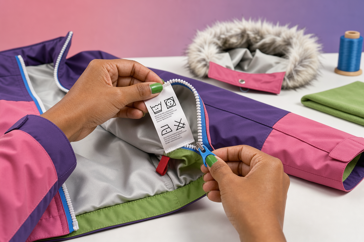 Close-up of hands checking a clothing care label and unzipping a jacket, with removed faux fur hood in the background, no brand names
