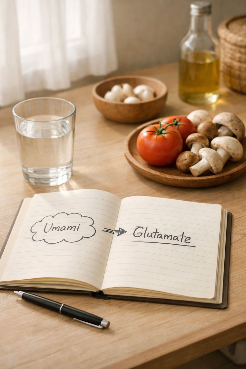 Catatan tentang hubungan umami dan glutamat dengan tomat dan jamur sebagai sumber glutamat alami di dapur rumah