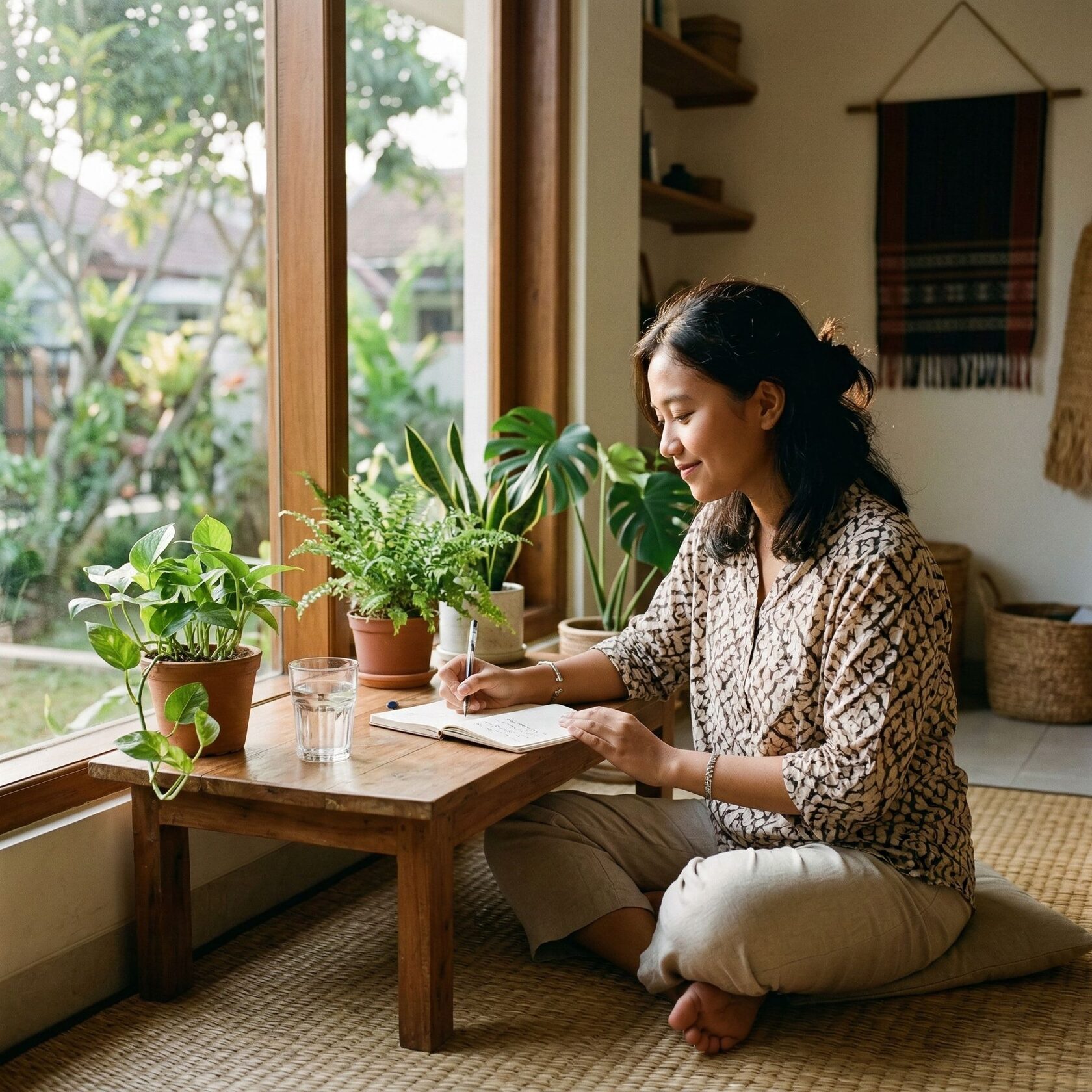 Perempuan menulis jurnal di dekat jendela dengan suasana rumah yang tenang sebagai ilustrasi kebiasaan sederhana untuk menjaga kesehatan mental