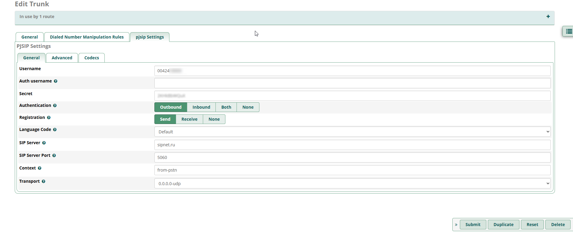 FreePBX sipnet PJSIP settings