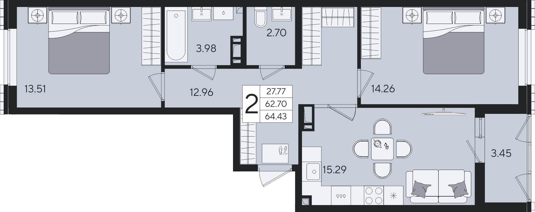 2-комнатная 64,43 м²
