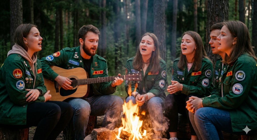Студенты в бойцовках поют песни под гитару у костра