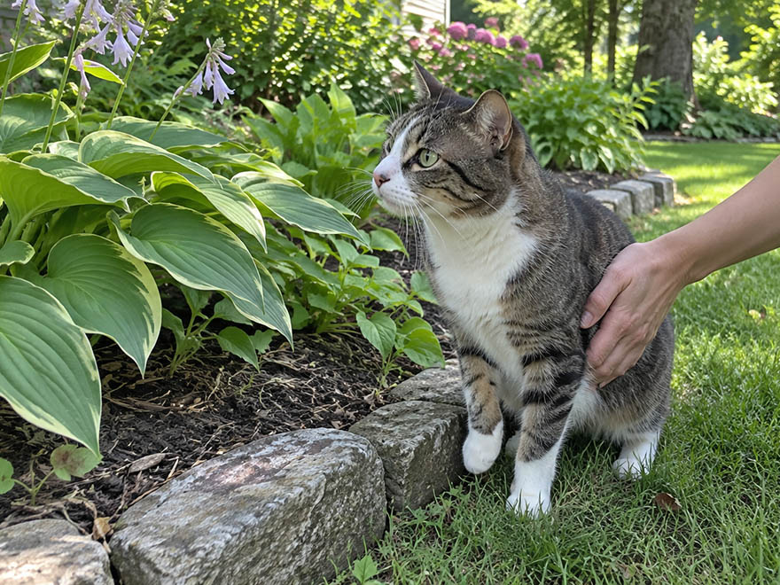 Cat near a hosta plant, a reminder to check if a plant is toxic to cats
