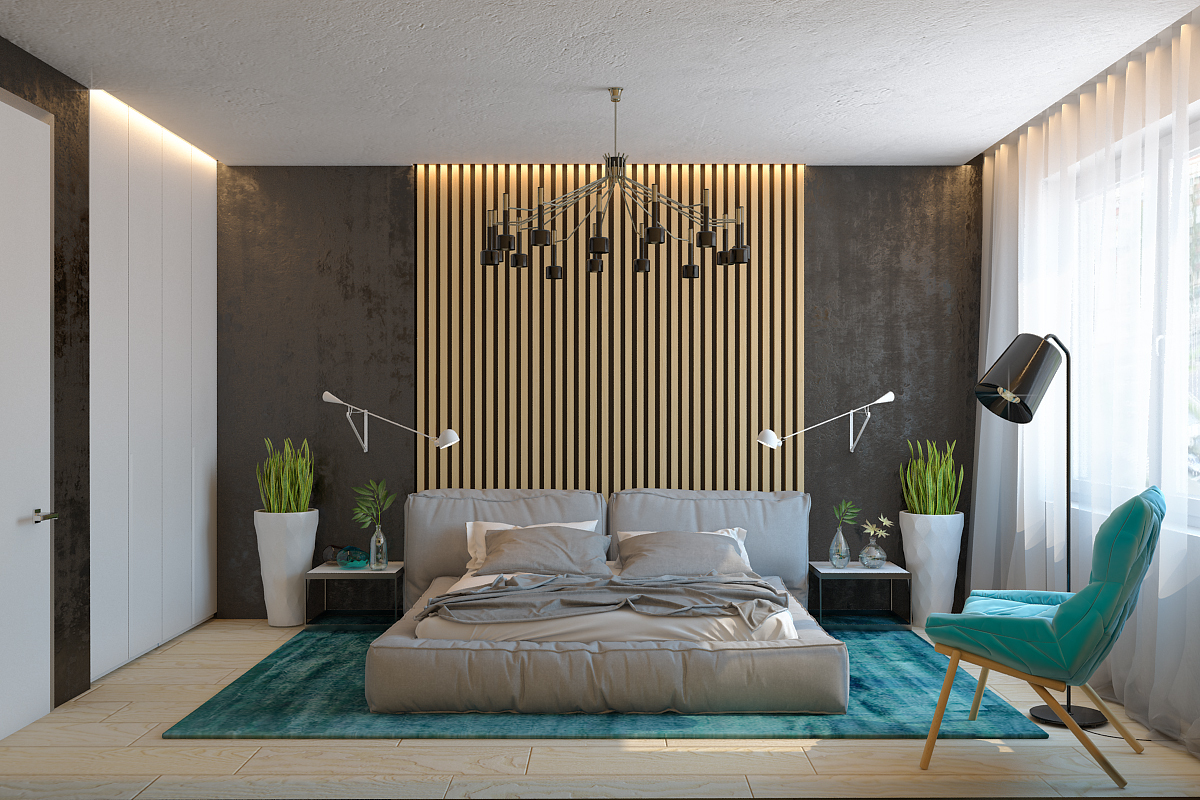 спальня с рейками на стене за кроватью