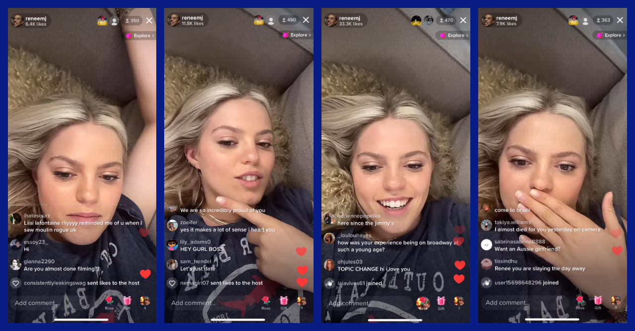 The screenshots shows the live stream of @reneerapp. Although her main activity is not related to TikTok, she communicates with her audience through direct streams, answers their questions and talks about herself.