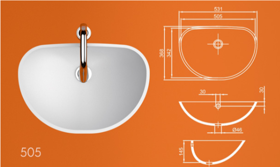 Раковина 505 из акрилового камня, размеры: ширина 505 мм, глубина 358 мм, высота борта 145 мм. Овальная форма, схема параметров и монтажа.