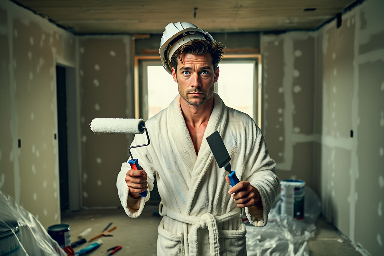 Ремонт квартиры своими руками: мужчина в халате и каске с валиком решает, какие работы сделать самому, а где нанять профи для черновой отделки