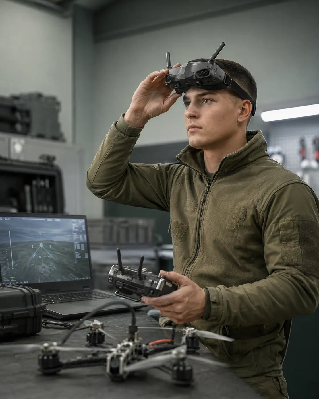 Кандидат проходит подготовку оператора FPV с контроллером и FPV-очками