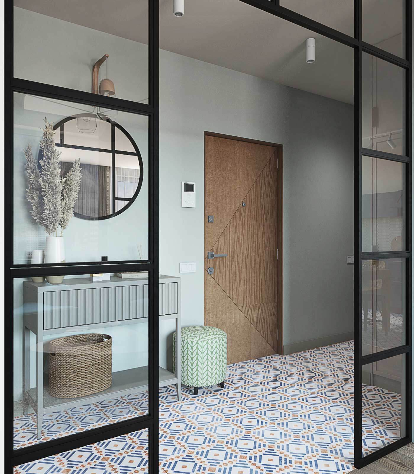Деревянная входная дверь с прихожей. Напольная плитка с синим узором. Лофтовая черная перегородка в прихожей.