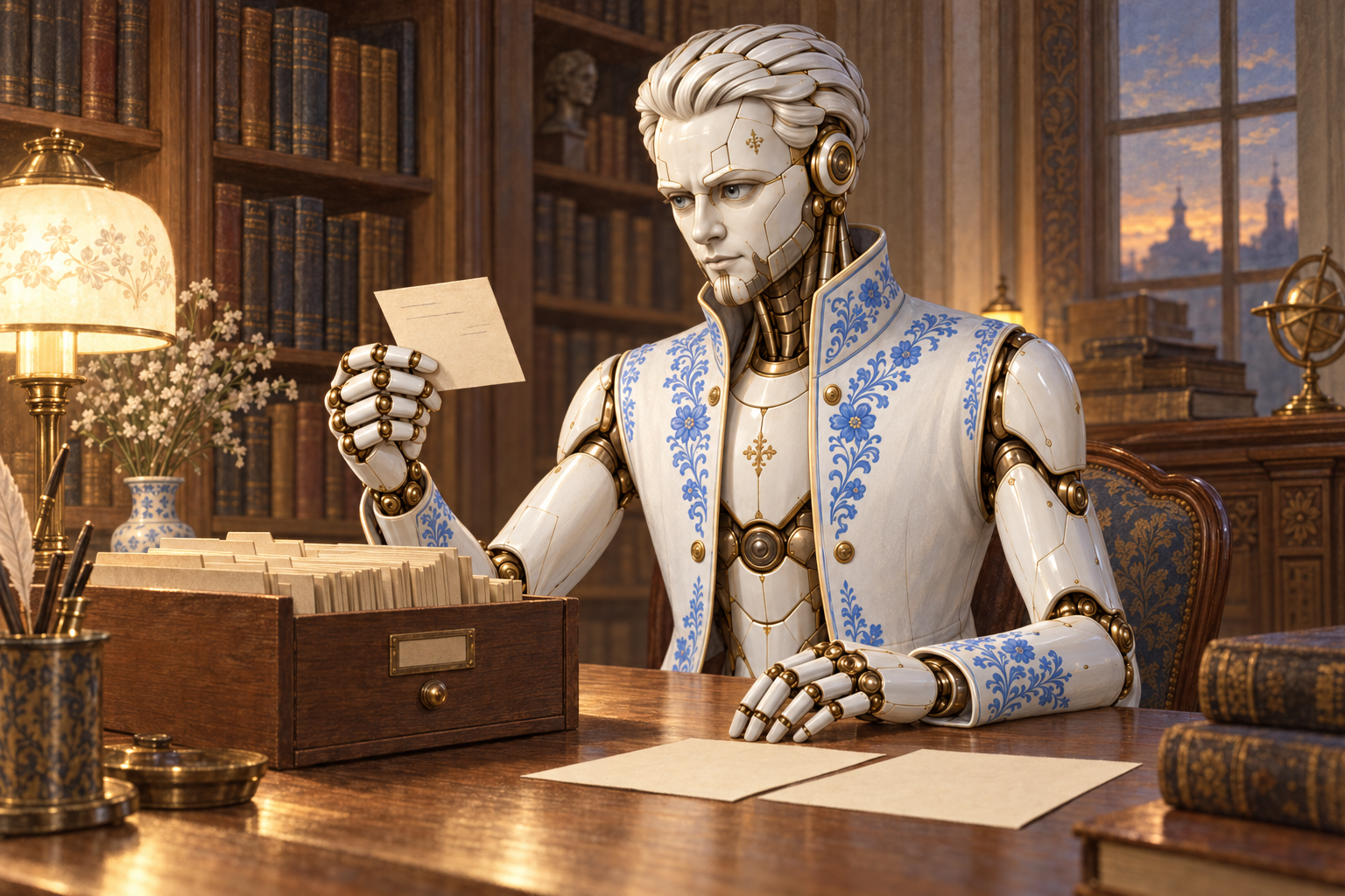 A2 in a white coat with blue Gzhel ornament examines a card above a wooden catalogue drawer, with two sheets beside it.