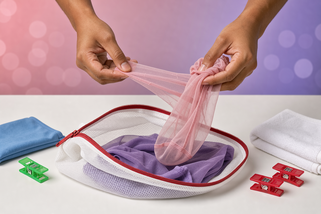 Hands preparing delicate hosiery for washing: checking for snags, turning stockings inside out, and placing them into a mesh laundry bag