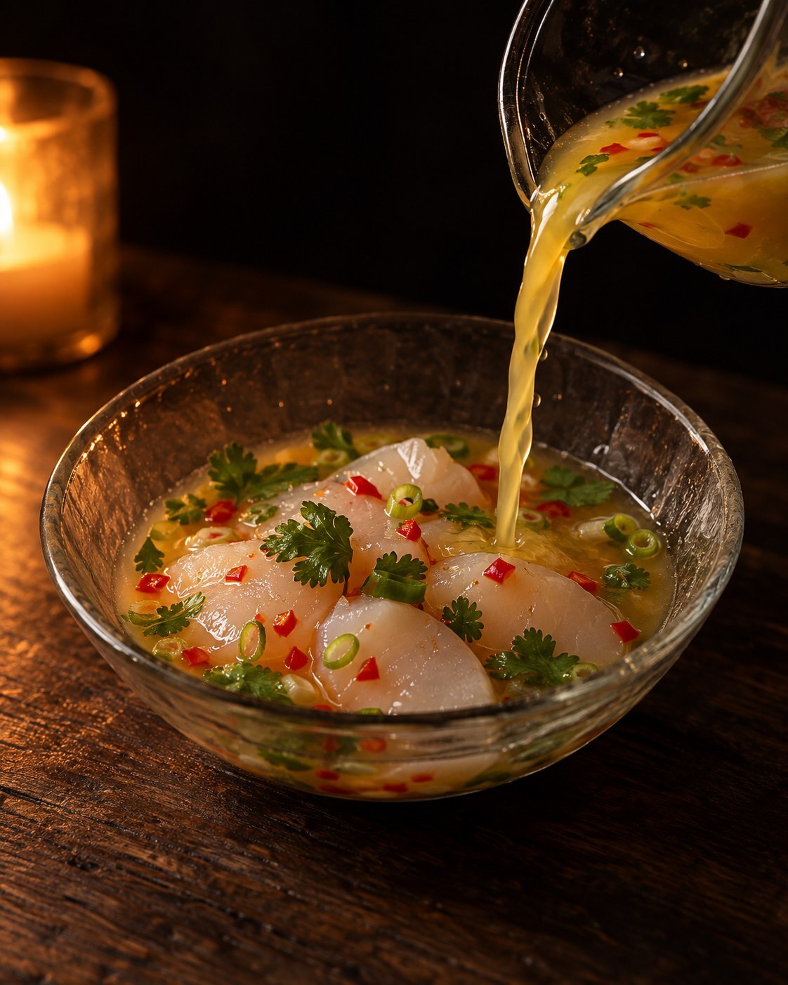 Lime and orange juice with chili, cilantro and green onion being poured over sliced scallops in a glass bowl