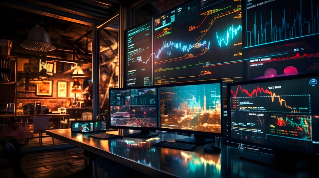 Crypto trading tools: A sophisticated home trading setup with multiple monitors displaying various stock market charts and data analytics