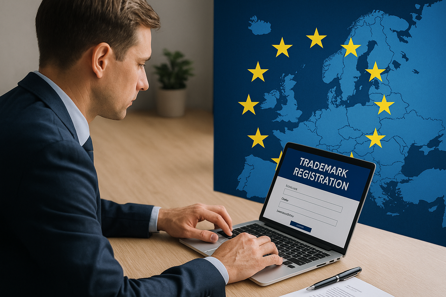 Professionista svizzero che presenta domanda di marchio europeo online con una mappa digitale dell’UE sullo sfondo