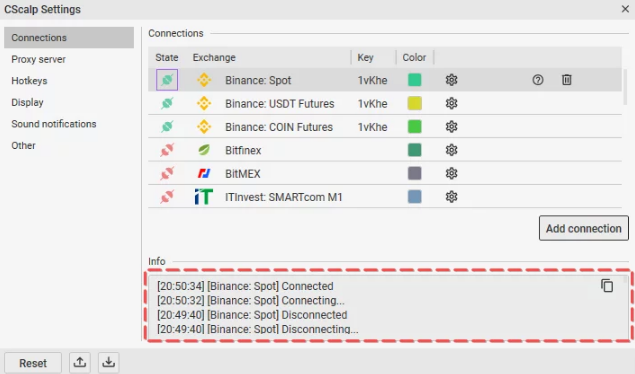 Connection between CScalp and Binance API