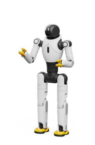 Человекоподобный робот Agibot X2 на выставочном стенде рядом с логотипом бренда