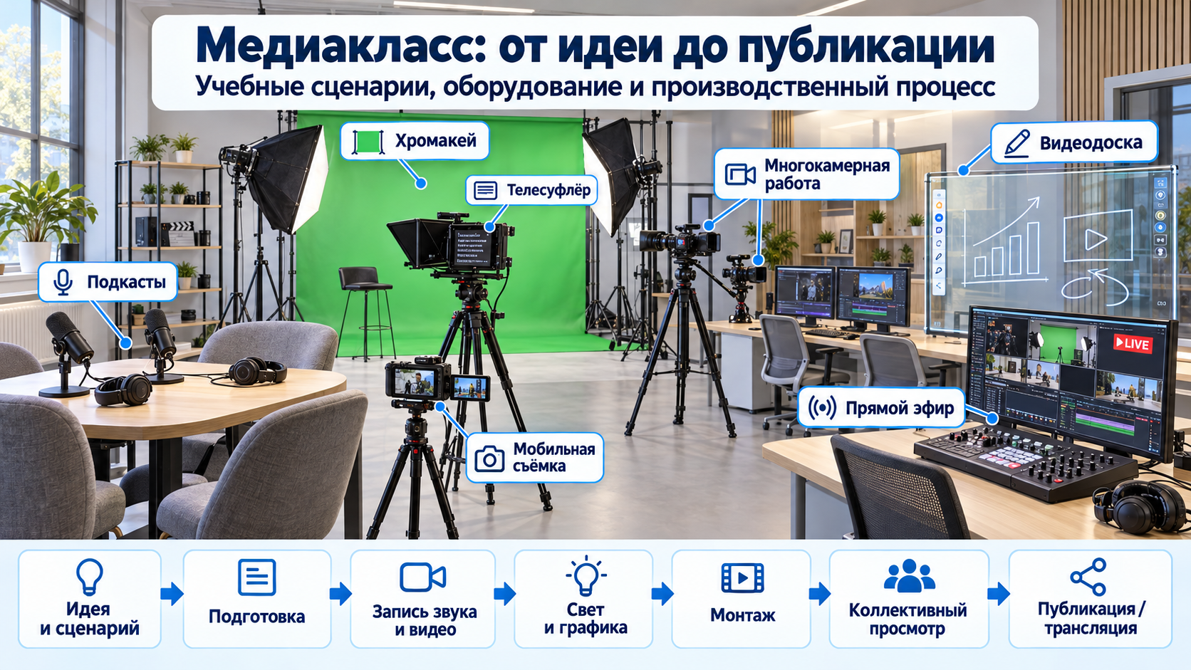 Схема медиакласса: подкасты, мобильная и многокамерная съёмка, хромакей, видеодоска, телесуфлёр и прямой эфир; этапы от идеи и сценария до монтажа, просмотра и публикации