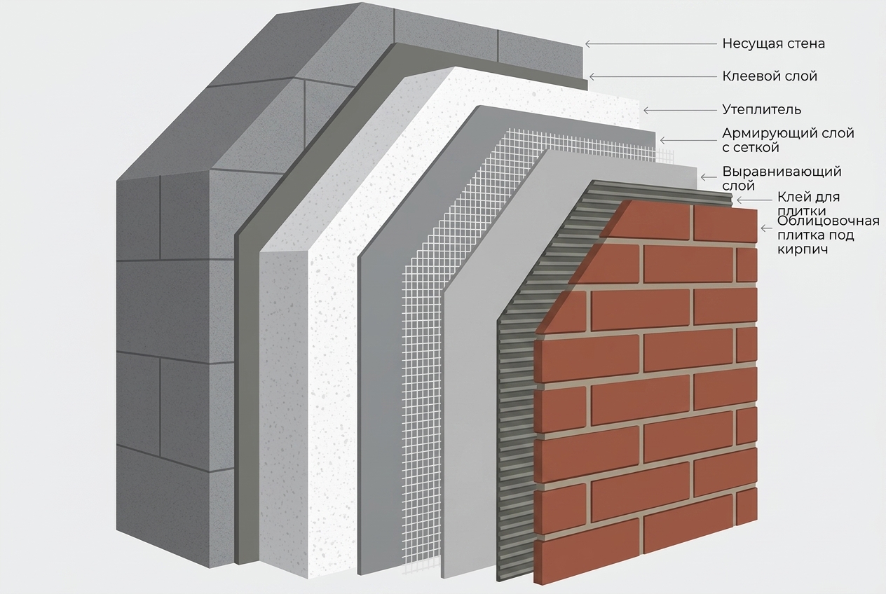 Схема фасадной системы с облицовкой Steinburg