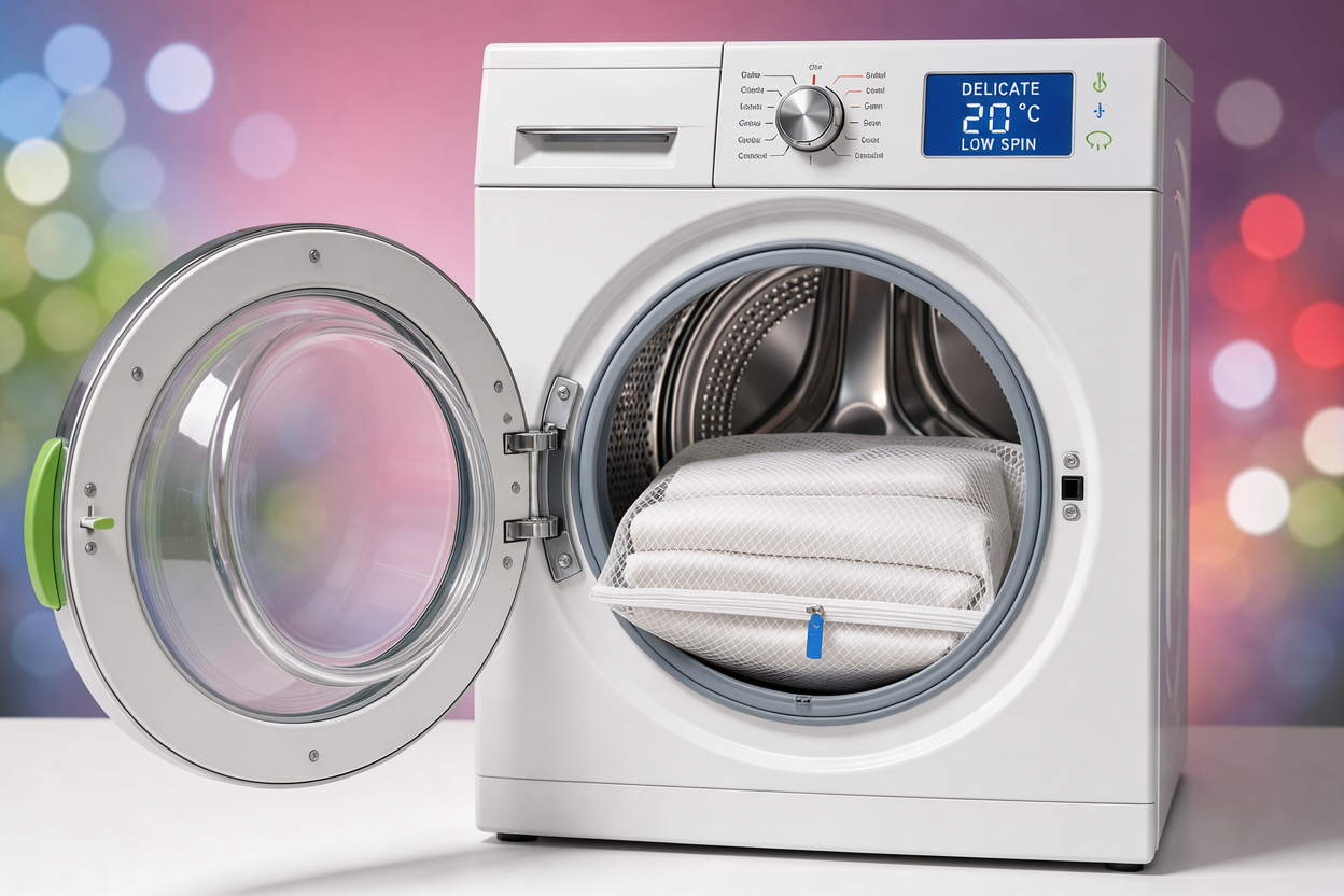 Sheer curtains neatly folded inside a mesh laundry bag placed into a front-loading washing machine, control panel showing delicate mode and low temperature
