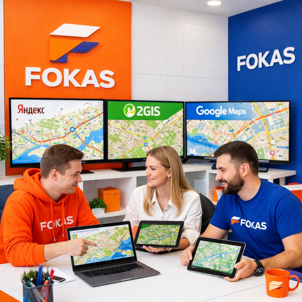 Офис FOKAS в Самаре с логотипами на стенах и устройстве, сотрудники анализируют карты и геомаркетинг