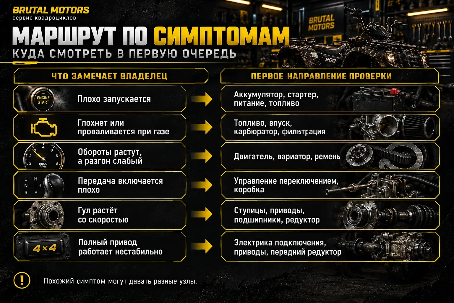 Маршрут диагностики квадроцикла 200 кубов по симптомам