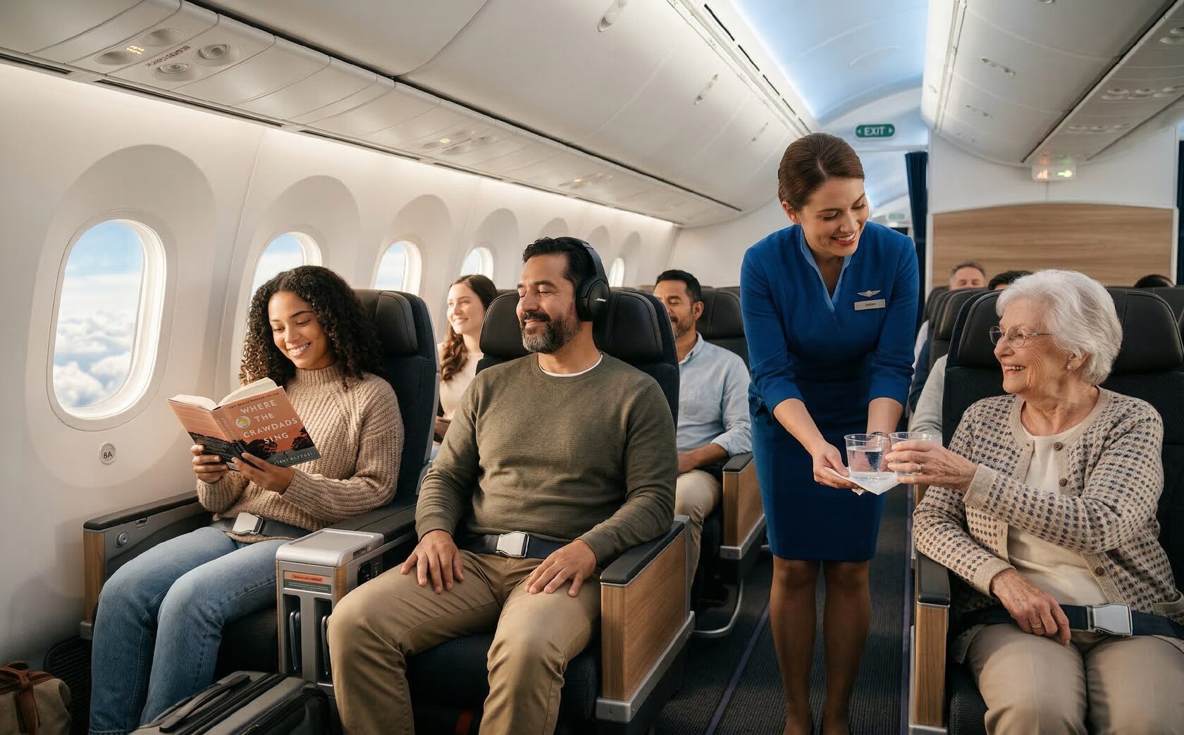 Уютный салон самолета: пассажиры читают книги и слушают музыку в наушниках, бортпроводник помогает пожилой паре.